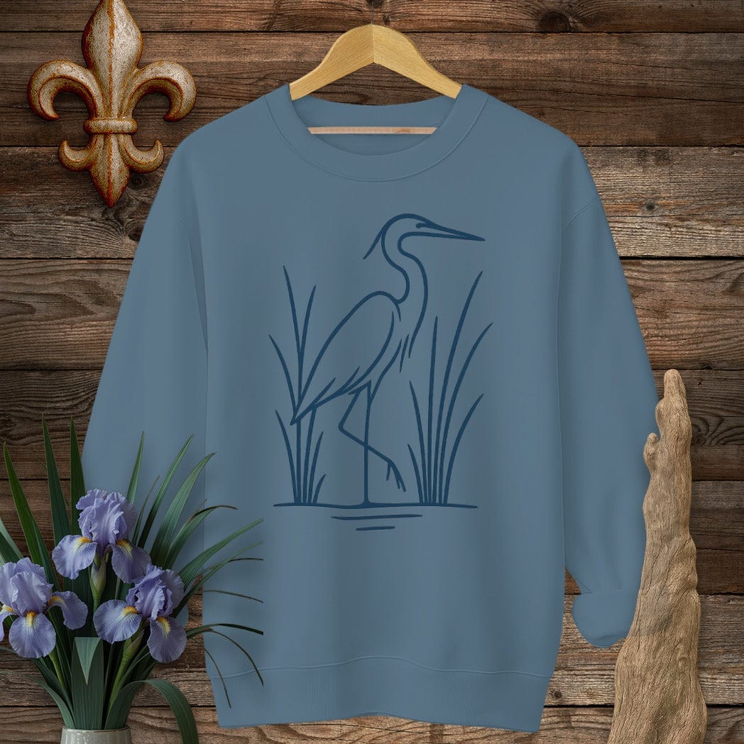 S / Indigo Blue Louisiana Minimalist Heron Sweatshirt by Laissez Faire Wear