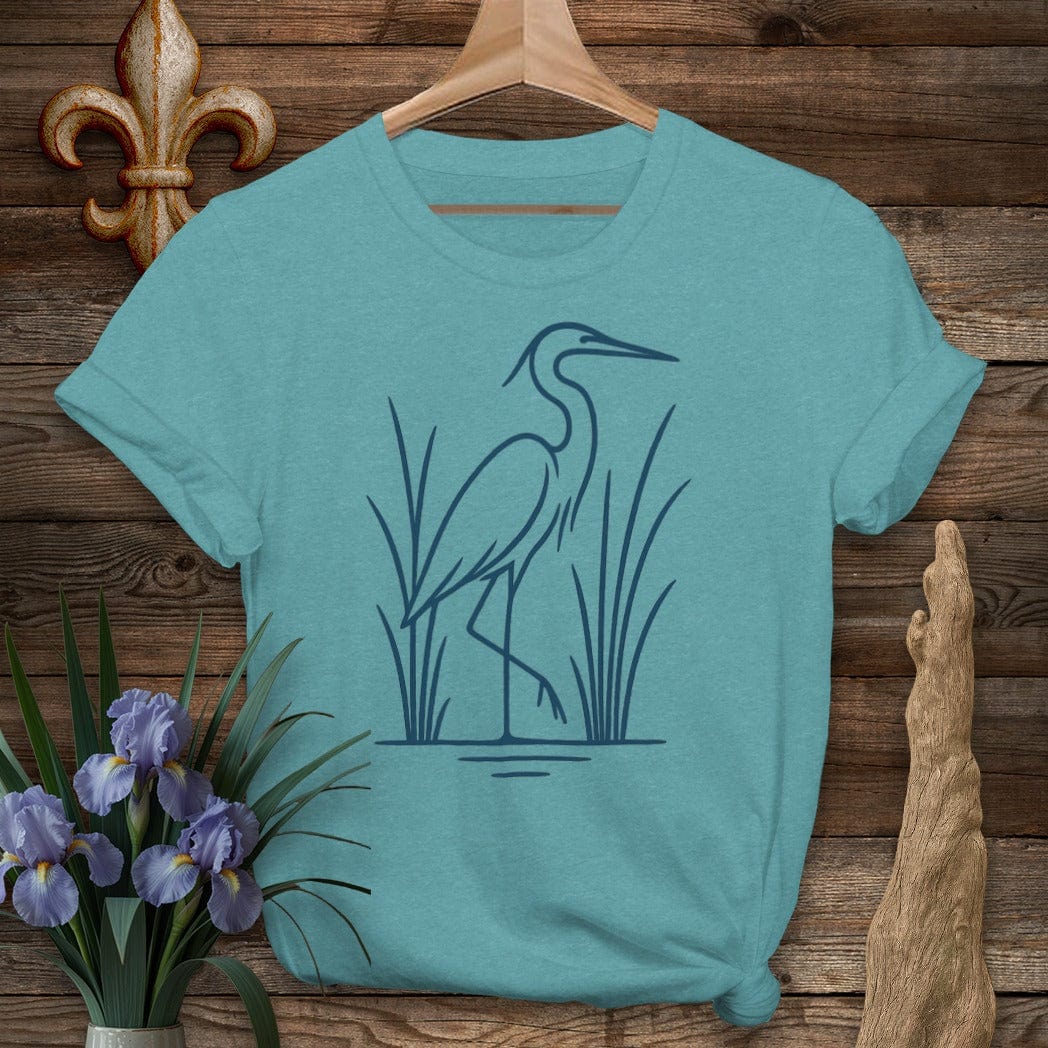 S / Heather Galapagos Blue Louisiana Minimalist Heron T-Shirt by Laissez Faire Wear