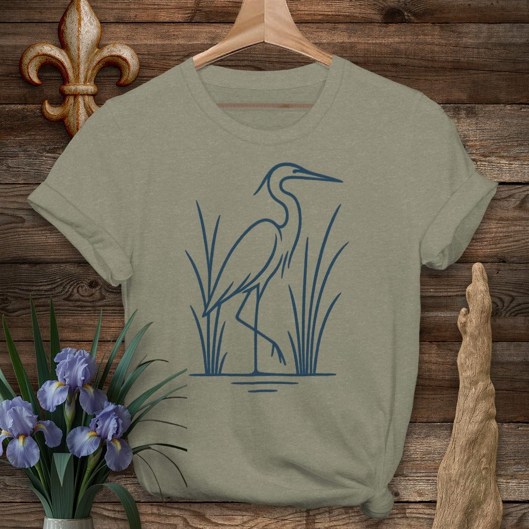 S / Heather Military Green Louisiana Minimalist Heron T-Shirt by Laissez Faire Wear