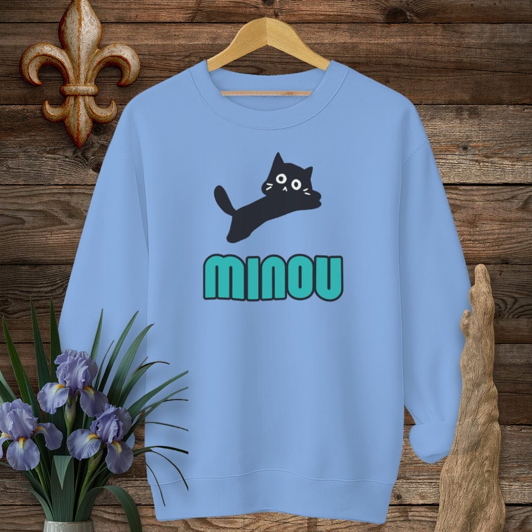 S / Carolina Blue Louisiana Minou (Cat) Cajun French Sweatshirt by Laissez Faire Wear
