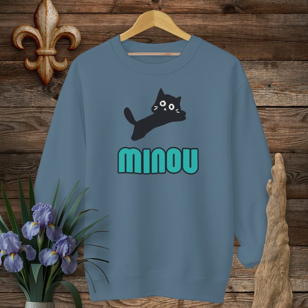 S / Indigo Blue Louisiana Minou (Cat) Cajun French Sweatshirt by Laissez Faire Wear