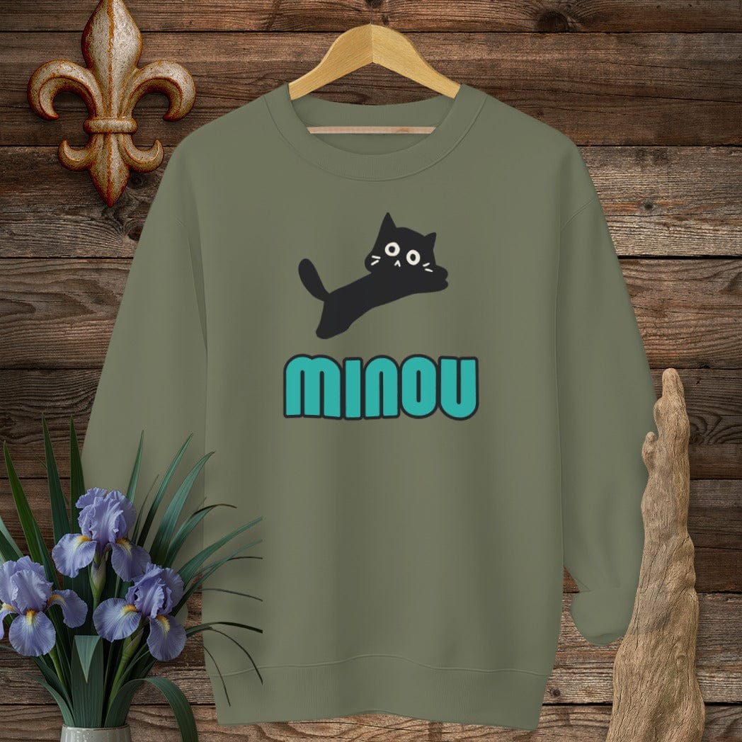 S / Military Green Louisiana Minou (Cat) Cajun French Sweatshirt by Laissez Faire Wear