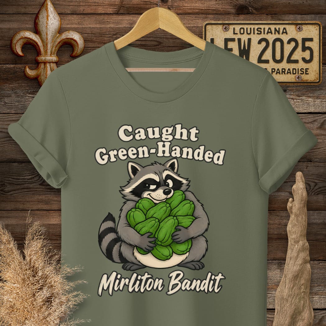 S / Military Green Louisiana Mirliton Bandit T-Shirt by Laissez Faire Wear