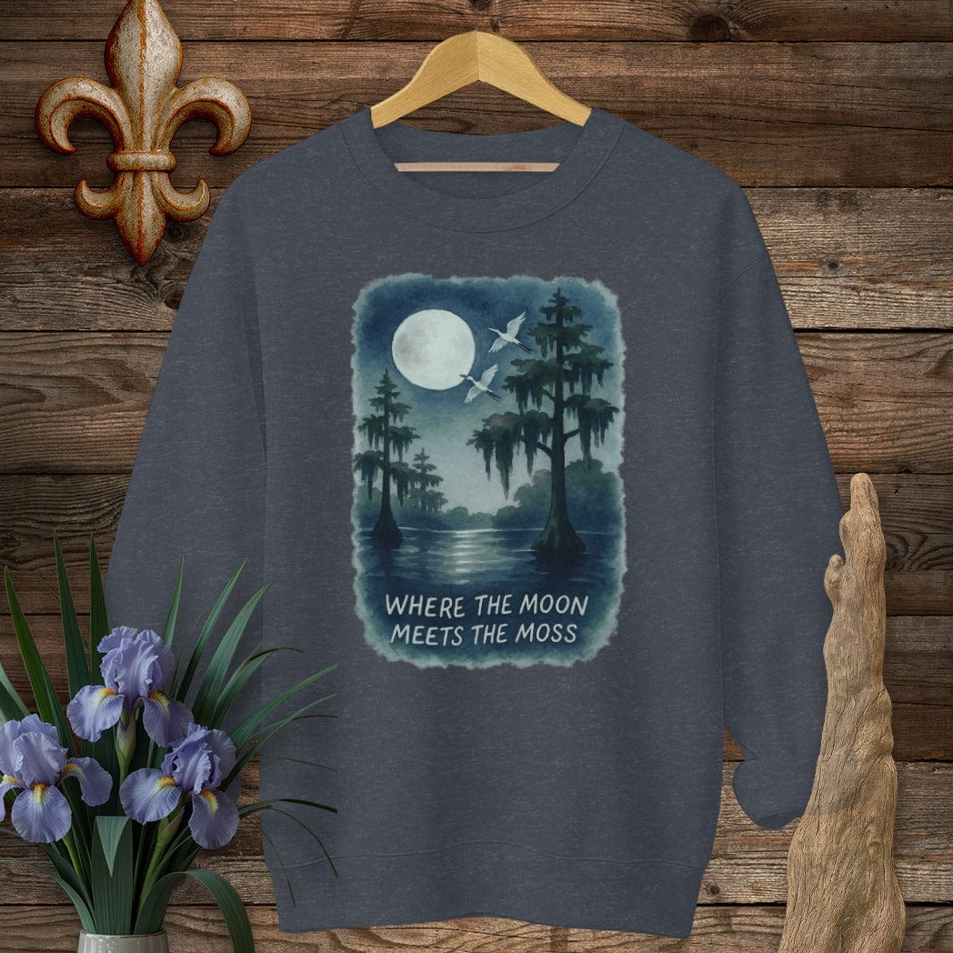 S / Heather Sport Dark Navy Louisiana Moon Meets Moss Sweatshirt by Laissez Faire Wear