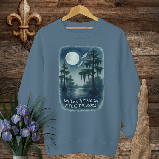 S / Indigo Blue Louisiana Moon Meets Moss Sweatshirt by Laissez Faire Wear