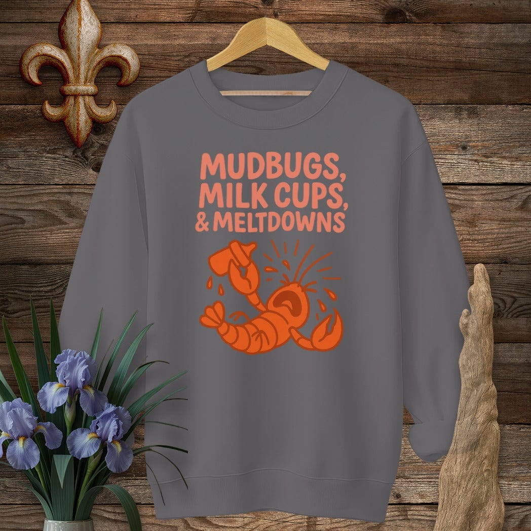 S / Charcoal Louisiana Mudbugs, Milk Cups & Meltdowns Funny Mom Sweatshirt by Laissez Faire Wear