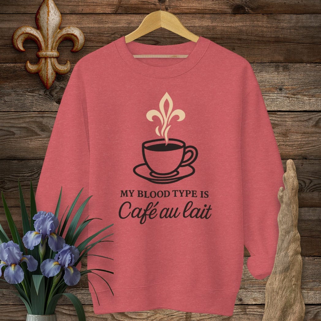 S / Heather Scarlet Red Louisiana My Blood Type Cafe Au Lait Sweatshirt by Laissez Faire Wear