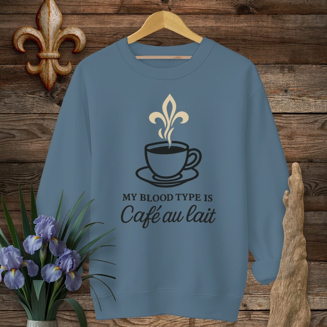 S / Indigo Blue Louisiana My Blood Type Cafe Au Lait Sweatshirt by Laissez Faire Wear