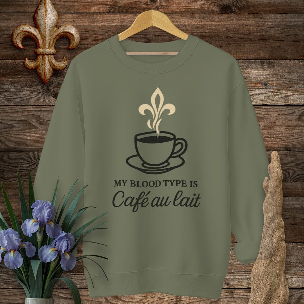 S / Military Green Louisiana My Blood Type Cafe Au Lait Sweatshirt by Laissez Faire Wear