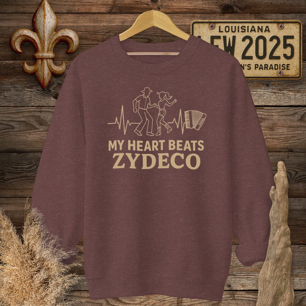 S / Heather Sport Dark Maroon Louisiana My Heart Beats Zydeco Sweatshirt by Laissez Faire Wear