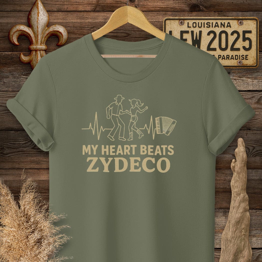 S / Military Green Louisiana My Heart Beats Zydeco T-Shirt by Laissez Faire Wear