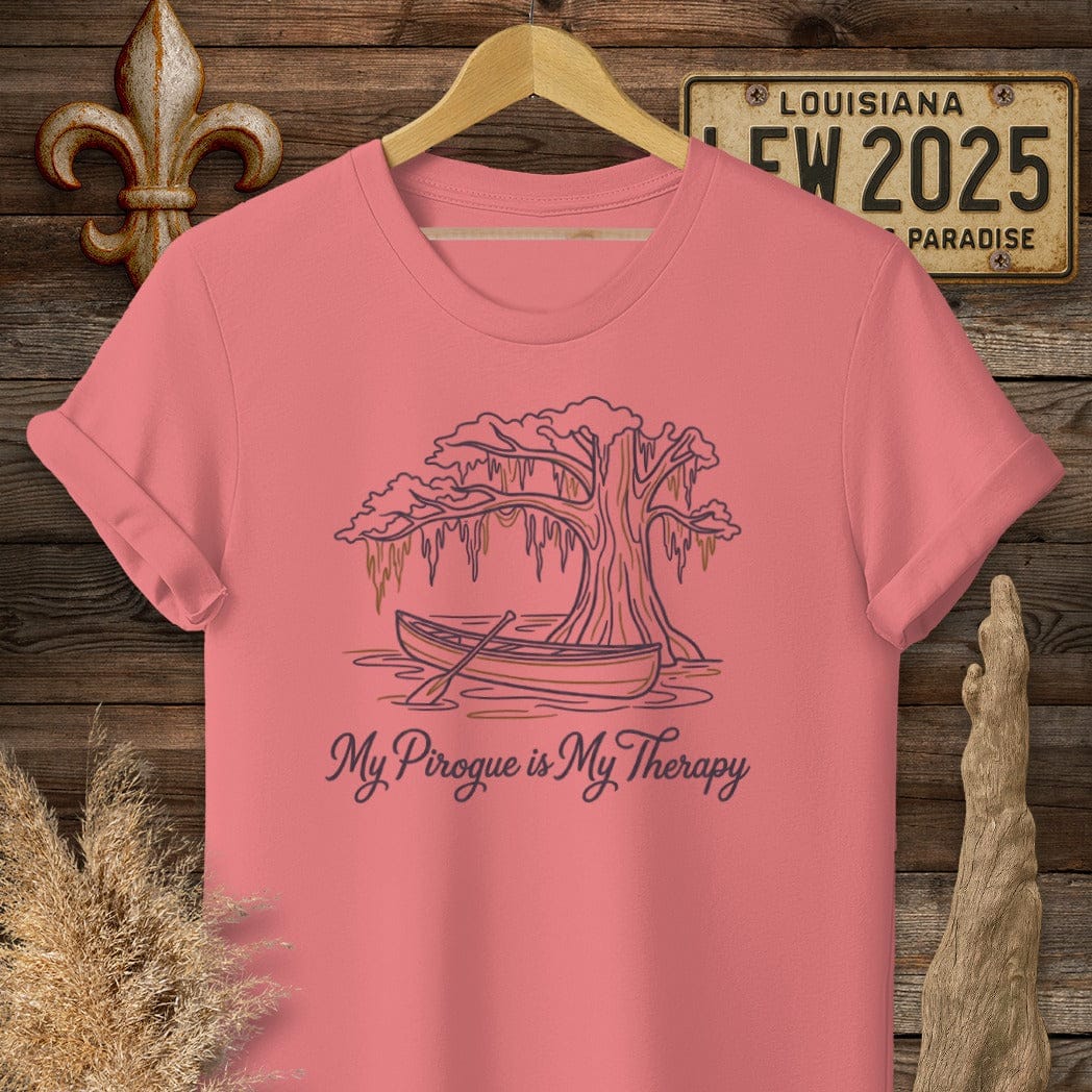 S / Coral Silk Louisiana My Pirogue is My Therapy T-Shirt by Laissez Faire Wear