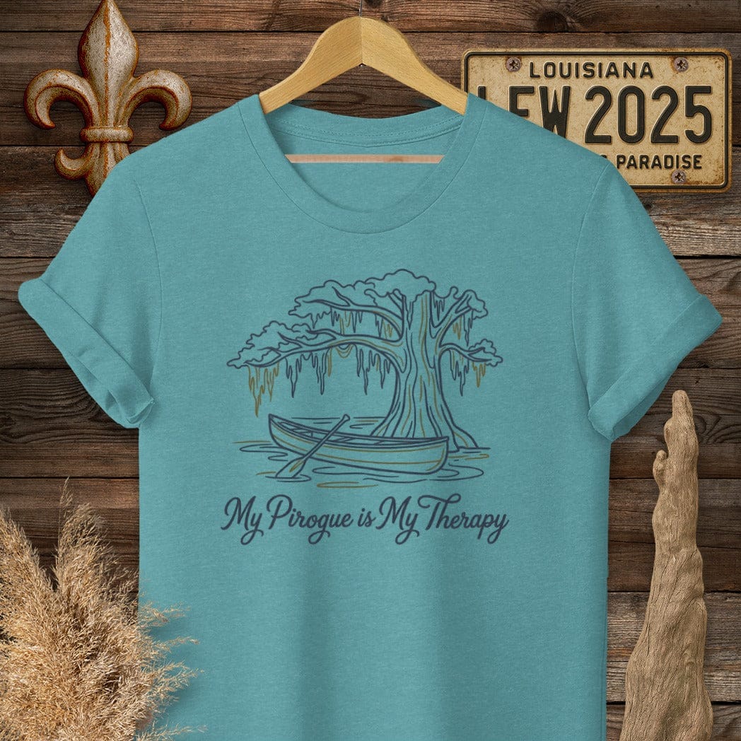 S / Heather Galapagos Blue Louisiana My Pirogue is My Therapy T-Shirt by Laissez Faire Wear