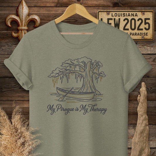 S / Heather Military Green Louisiana My Pirogue is My Therapy T-Shirt by Laissez Faire Wear