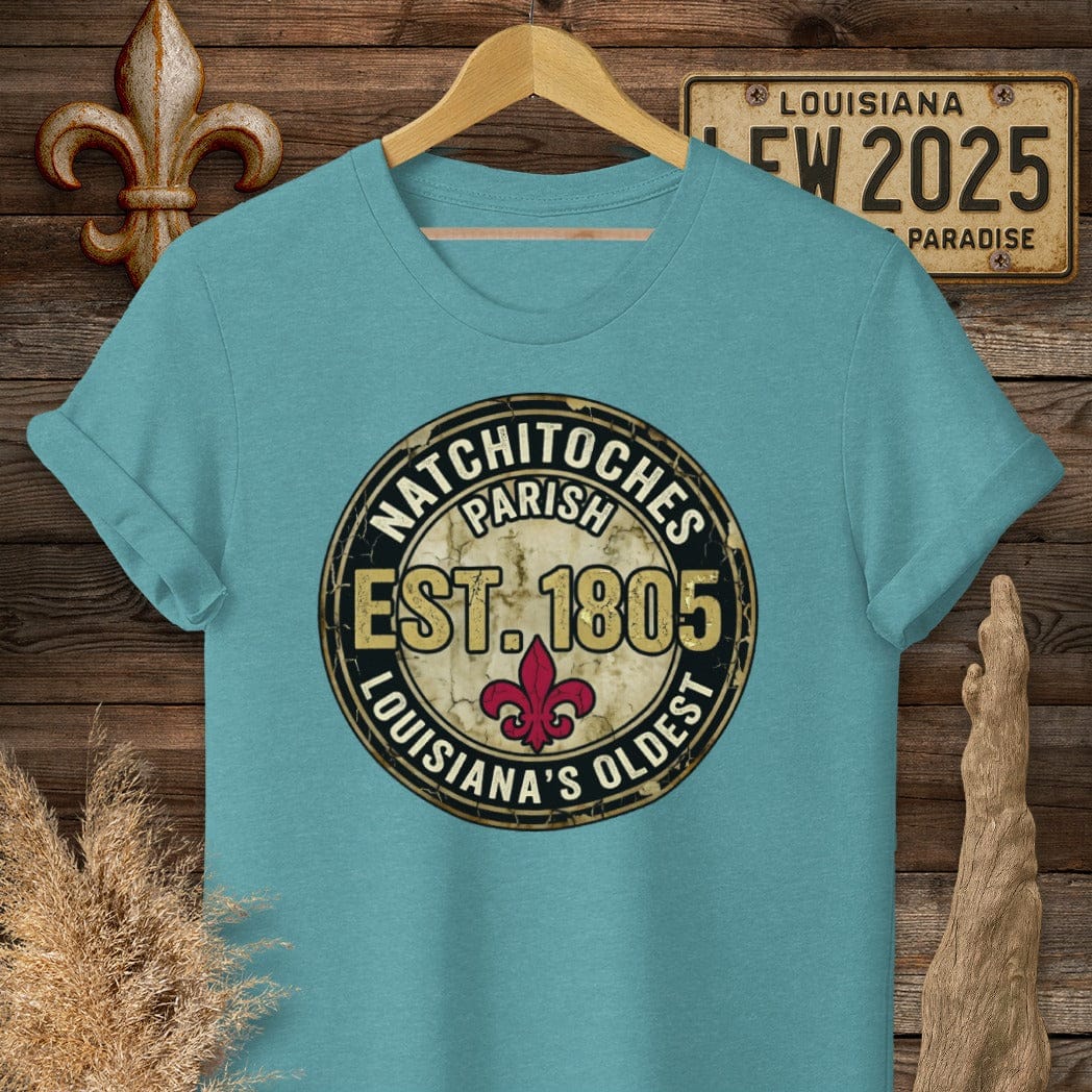 S / Heather Galapagos Blue Louisiana Natchitoches Parish T-Shirt by Laissez Faire Wear