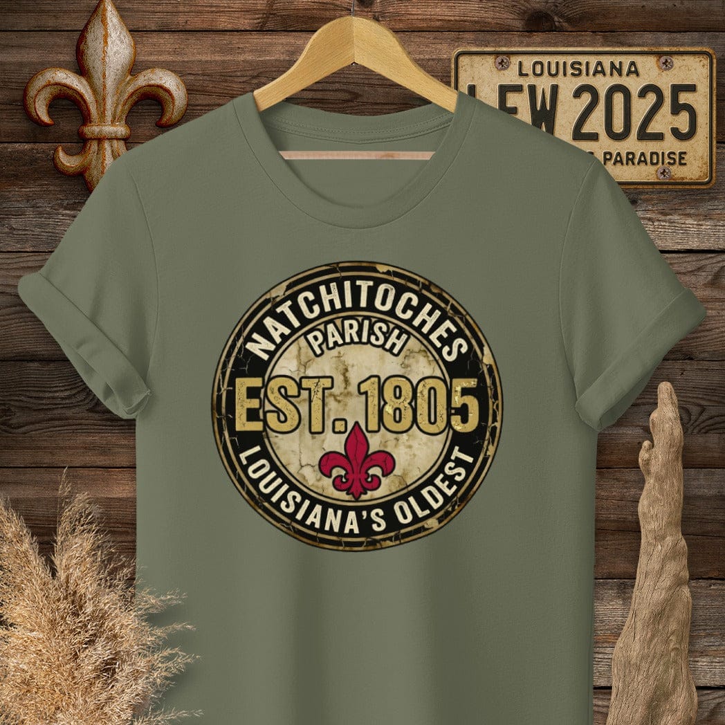 S / Military Green Louisiana Natchitoches Parish T-Shirt by Laissez Faire Wear