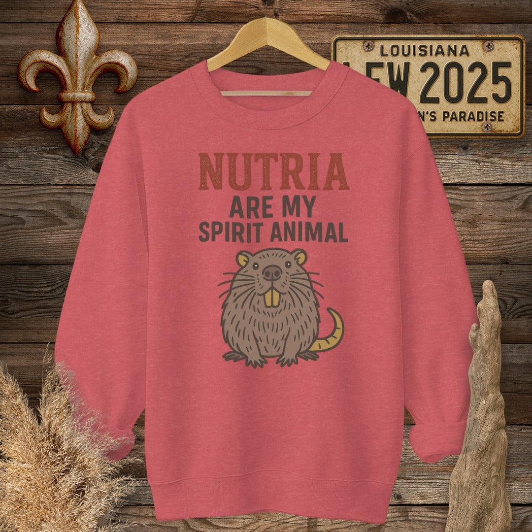 S / Heather Scarlet Red Louisiana Nutria are my Spirit Animal Funny Sweatshirt by Laissez Faire Wear