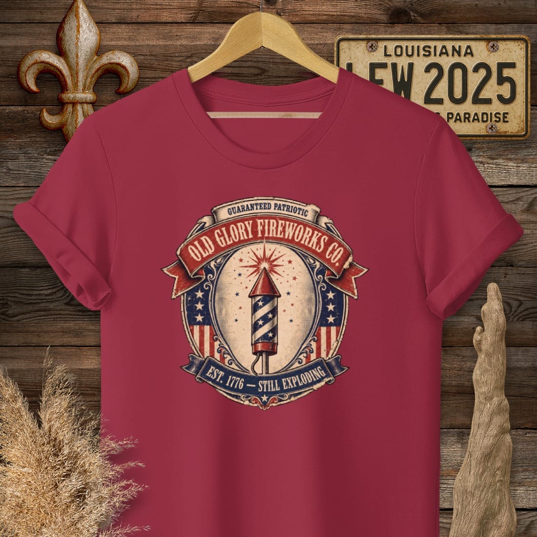 S / Cardinal Red Louisiana Old Glory Fireworks Co T-Shirt by Laissez Faire Wear