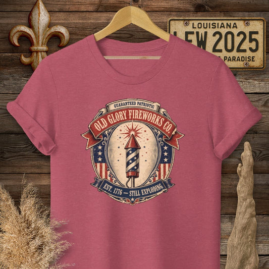 S / Heather Cardinal Louisiana Old Glory Fireworks Co T-Shirt by Laissez Faire Wear