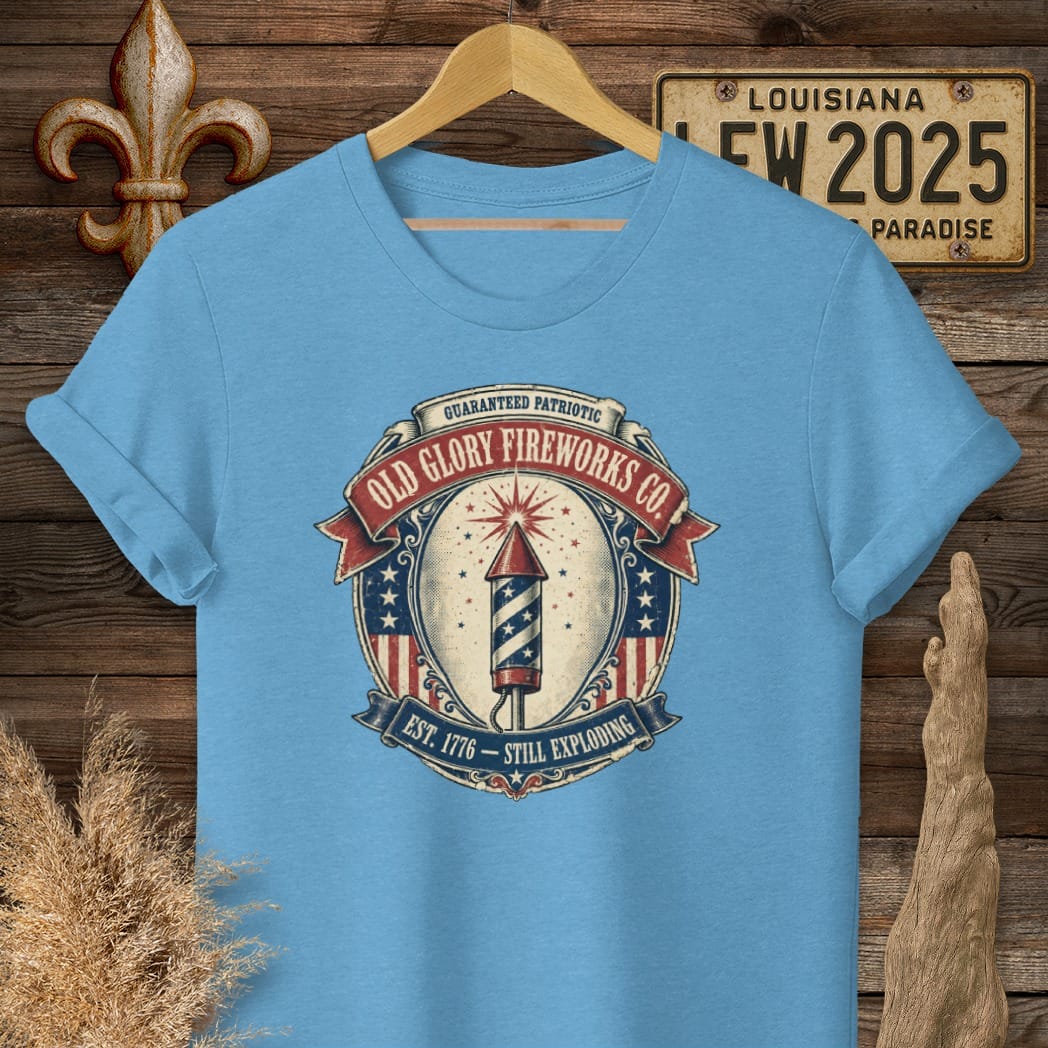 S / Heather Sapphire Louisiana Old Glory Fireworks Co T-Shirt by Laissez Faire Wear