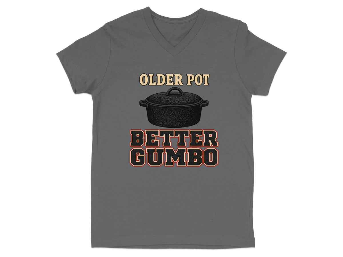 S / Asphalt Louisiana Older Pot, Better Gumbo V-Neck by Laissez Faire Wear