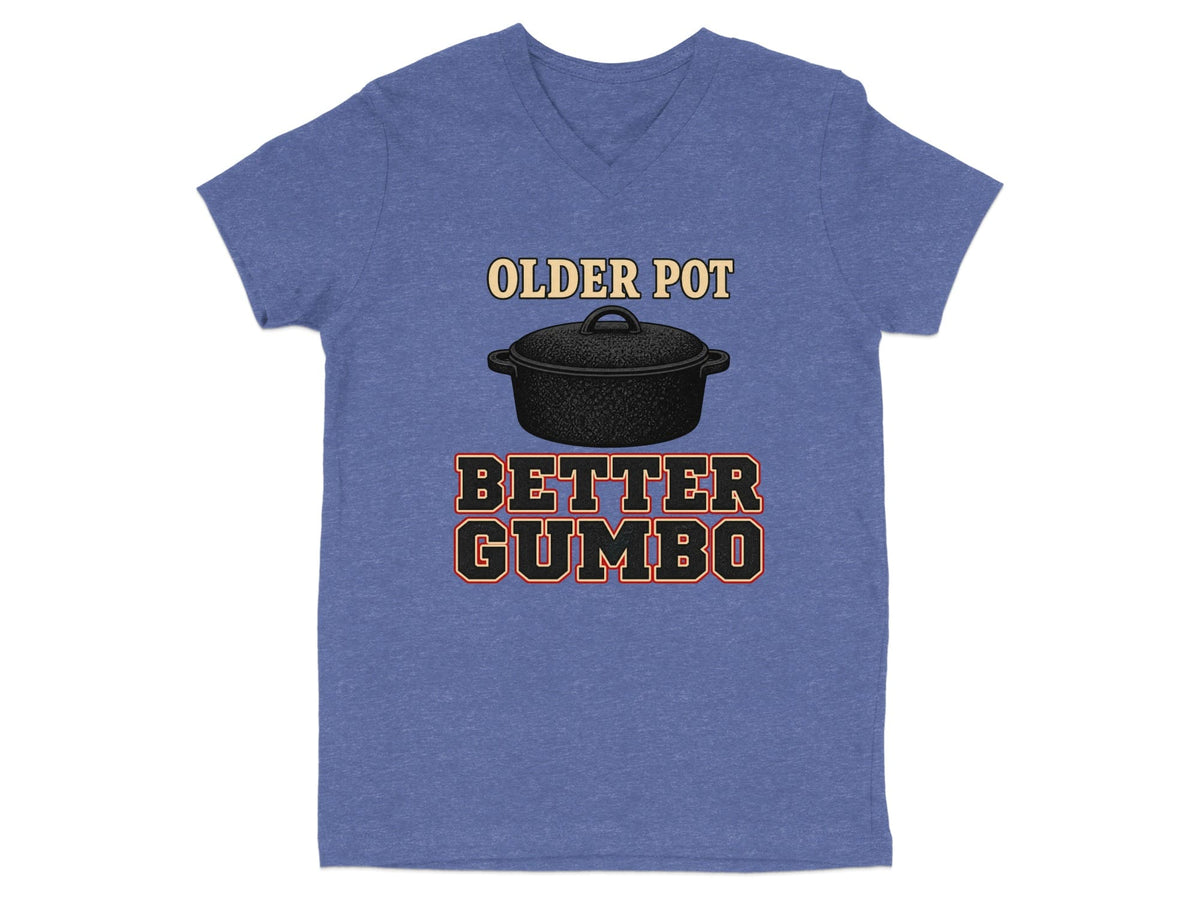S / Heather True Royal Louisiana Older Pot, Better Gumbo V-Neck by Laissez Faire Wear