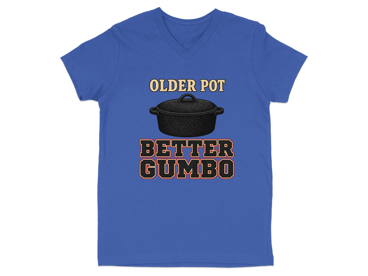 S / True Royal Louisiana Older Pot, Better Gumbo V-Neck by Laissez Faire Wear