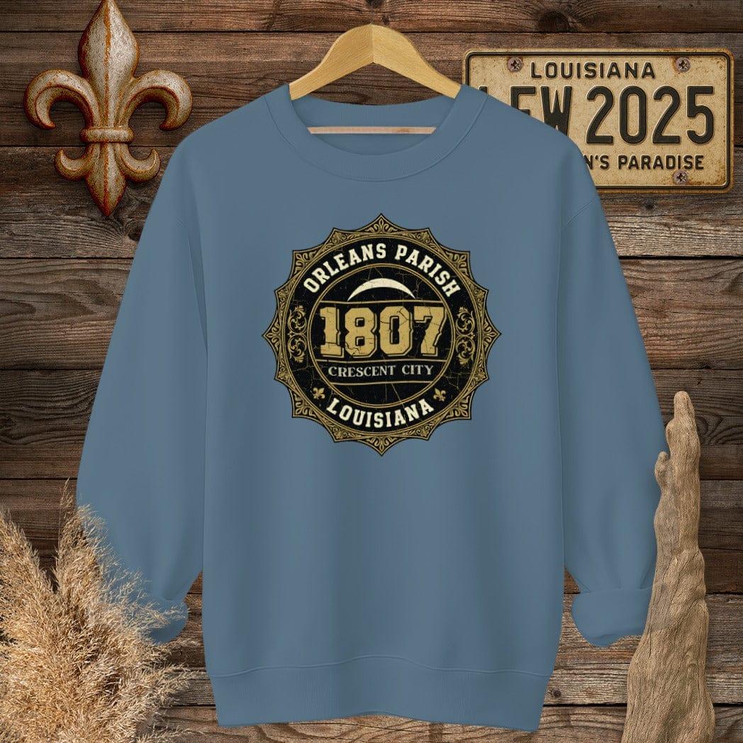 S / Indigo Blue Louisiana Orleans Parish Sweatshirt by Laissez Faire Wear