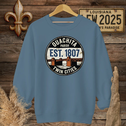 S / Indigo Blue Louisiana Ouachita Parish Sweatshirt by Laissez Faire Wear