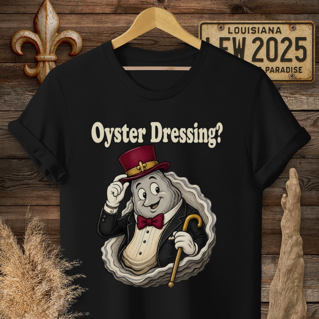 S / Black Louisiana Oyster Dressing T-Shirt by Laissez Faire Wear