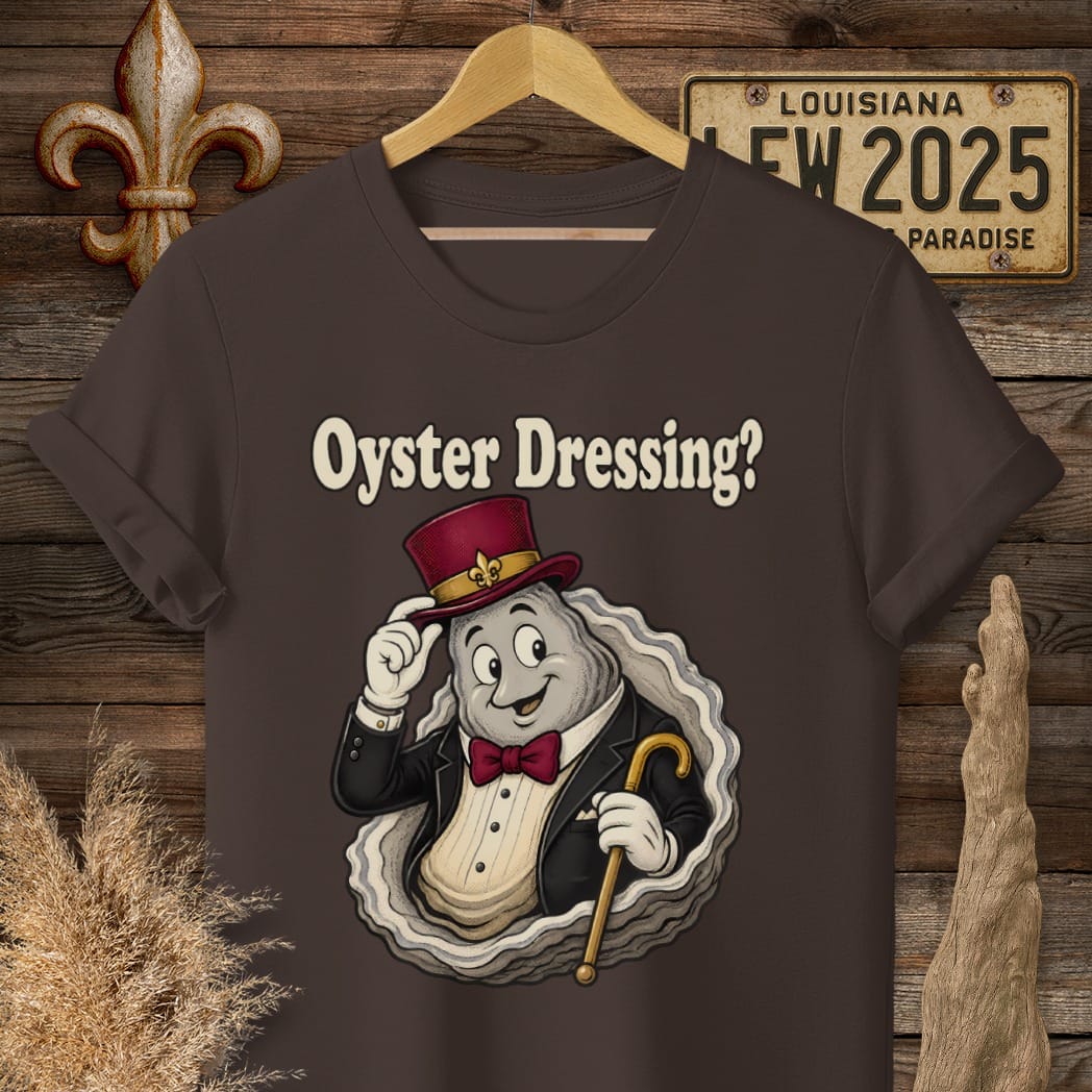S / Dark Chocolate Louisiana Oyster Dressing T-Shirt by Laissez Faire Wear