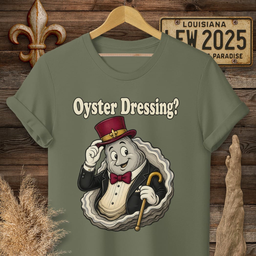 S / Military Green Louisiana Oyster Dressing T-Shirt by Laissez Faire Wear