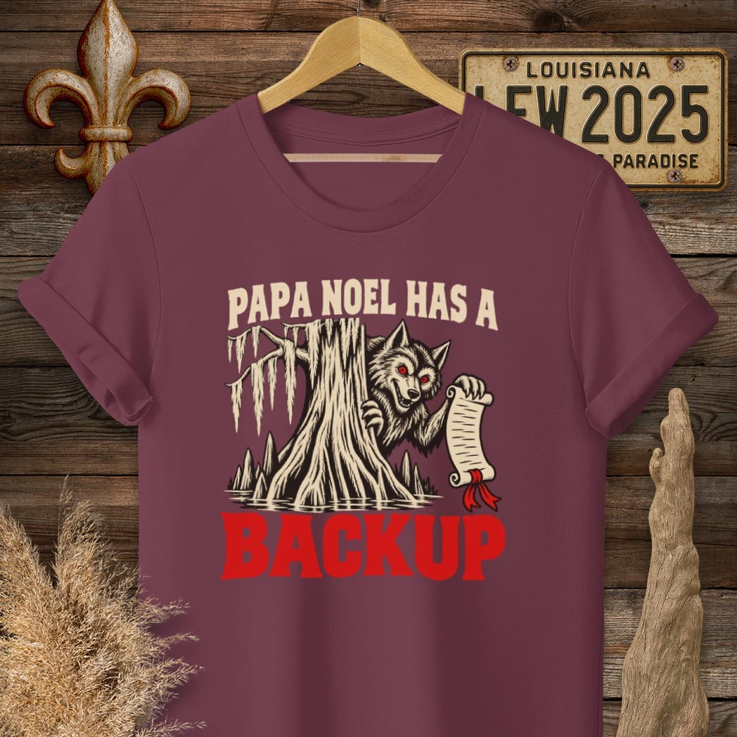 S / Maroon Louisiana Papa Noel Backup T-Shirt by Laissez Faire Wear