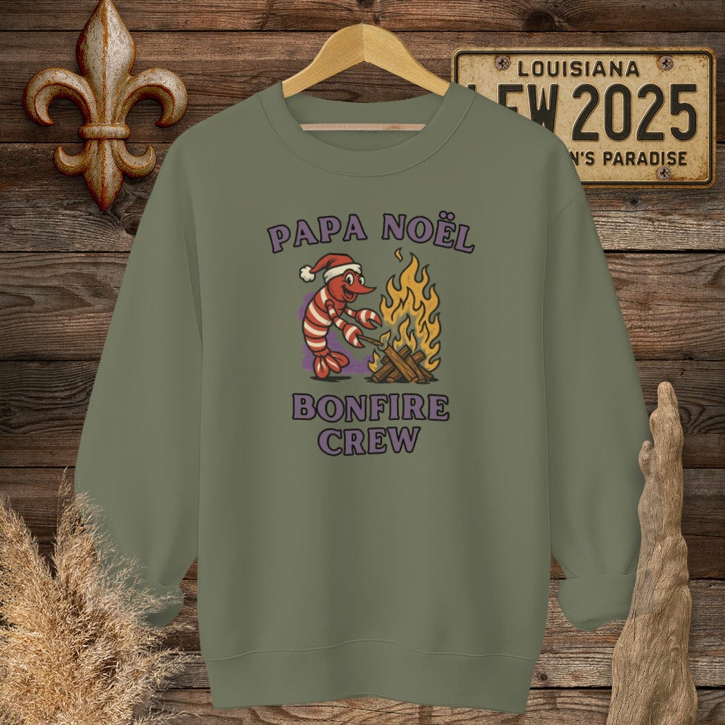 S / Military Green Louisiana Papa Noel Bonfire Crew Sweatshirt by Laissez Faire Wear