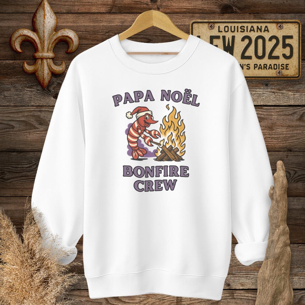 S / White Louisiana Papa Noel Bonfire Crew Sweatshirt by Laissez Faire Wear