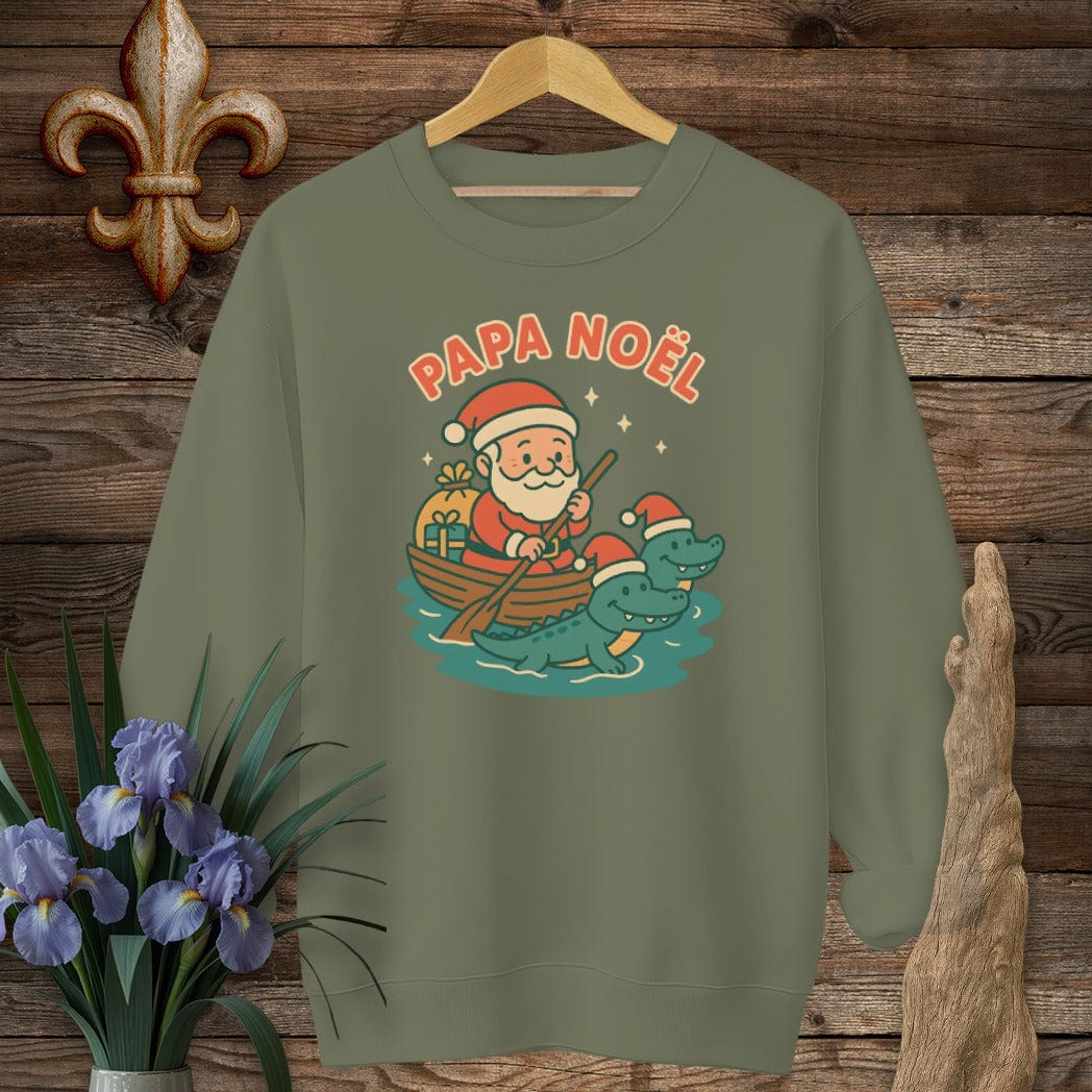 S / Military Green Louisiana Papa Noel Christmas Sweatshirt by Laissez Faire Wear