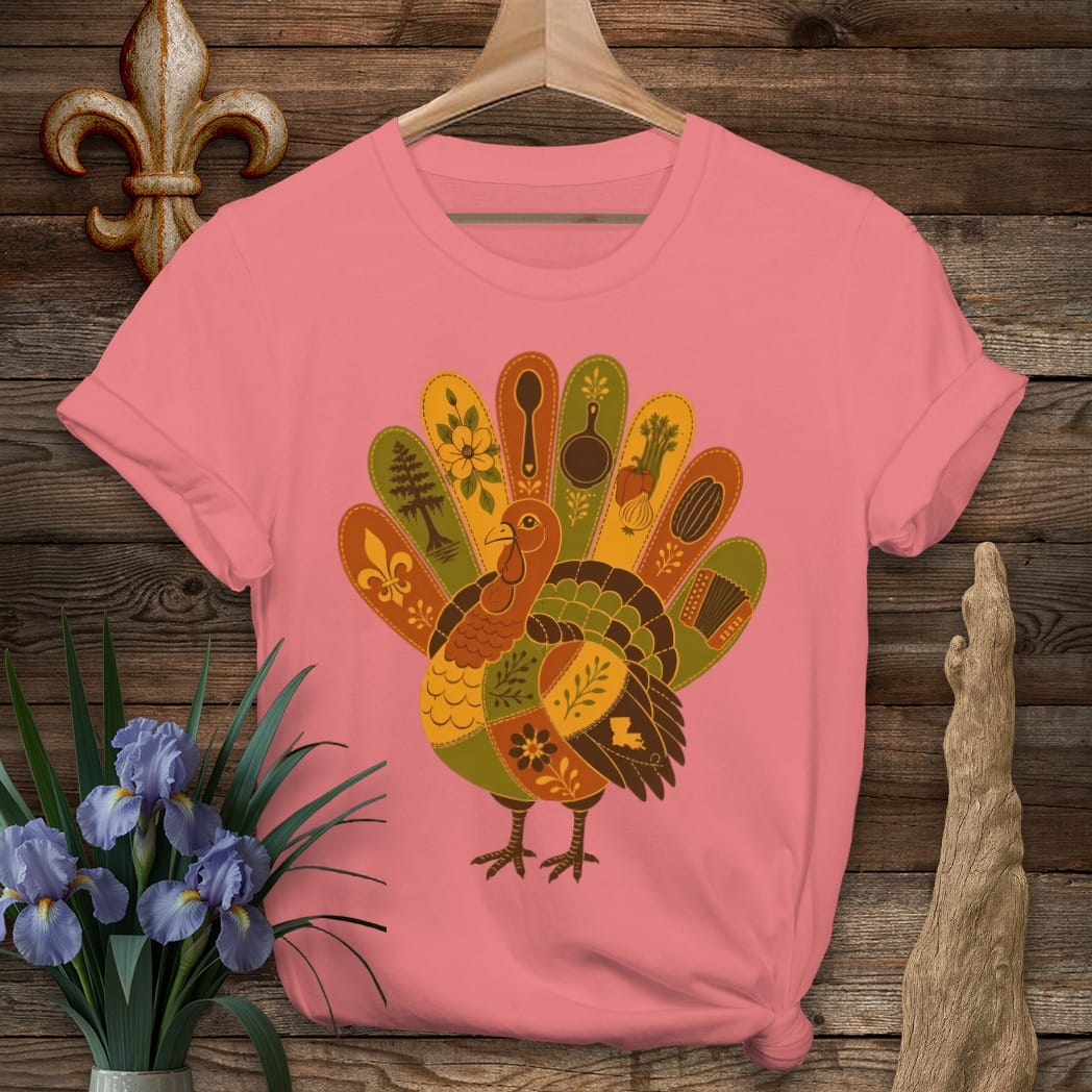 S / Coral Silk Louisiana Patchwork Turkey T-Shirt by Laissez Faire Wear
