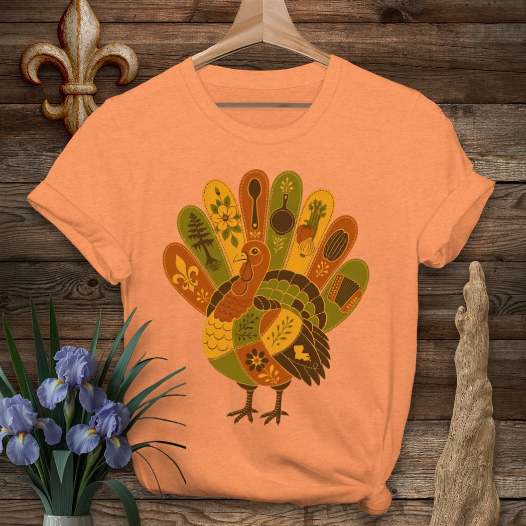 S / Heather Orange Louisiana Patchwork Turkey T-Shirt by Laissez Faire Wear