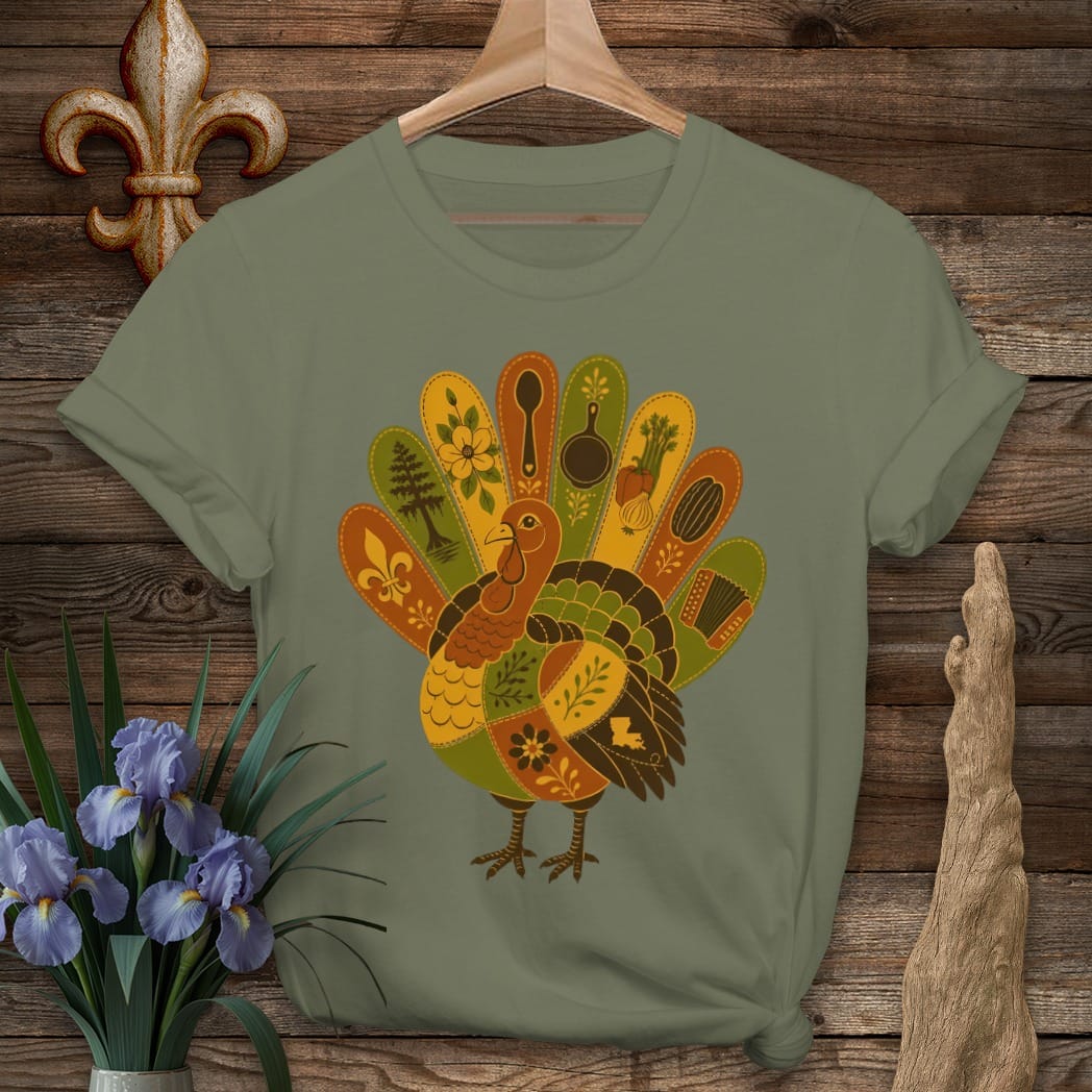 S / Military Green Louisiana Patchwork Turkey T-Shirt by Laissez Faire Wear