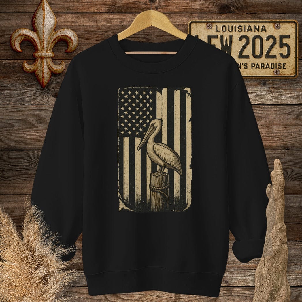 S / Black Louisiana Patriotic Pelican American Flag Sweatshirt by Laissez Faire Wear