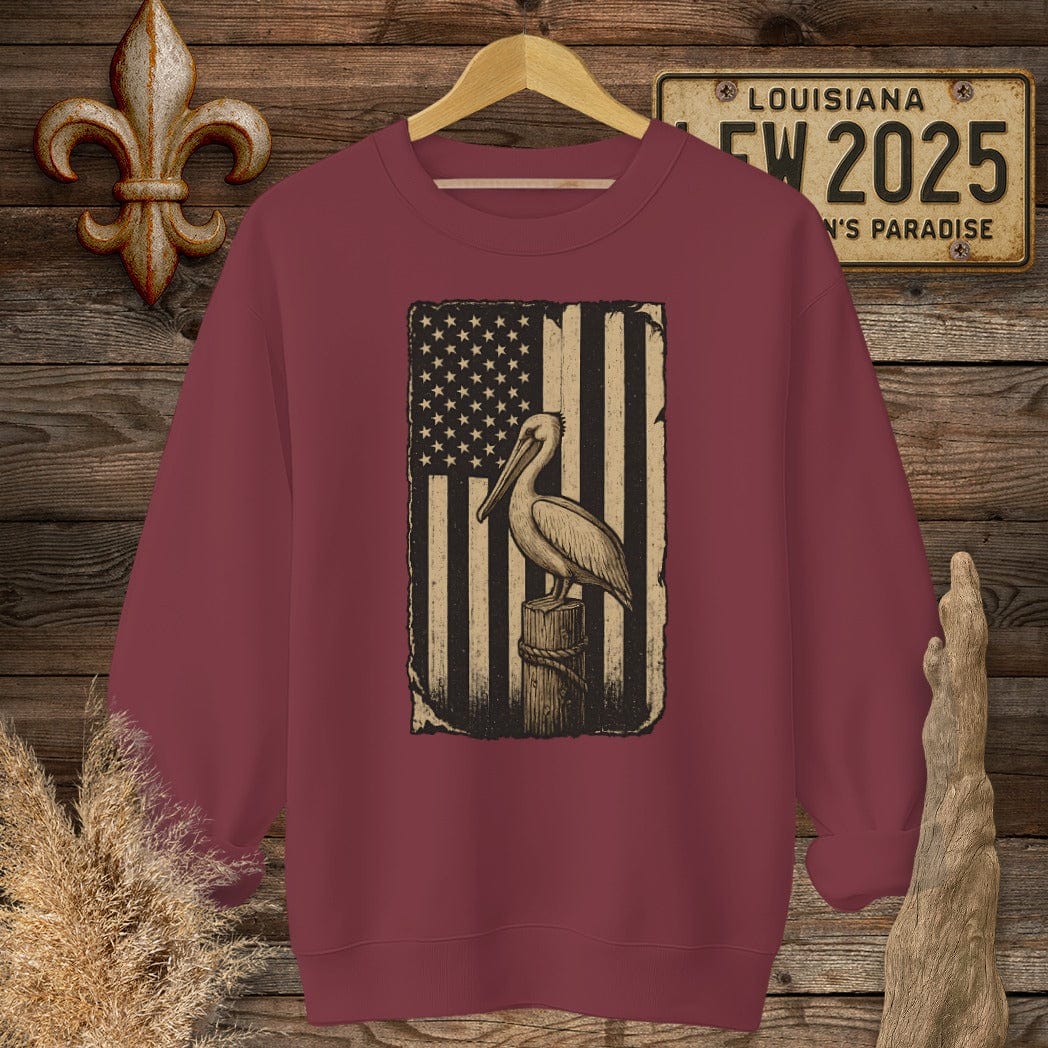 S / Garnet Louisiana Patriotic Pelican American Flag Sweatshirt by Laissez Faire Wear