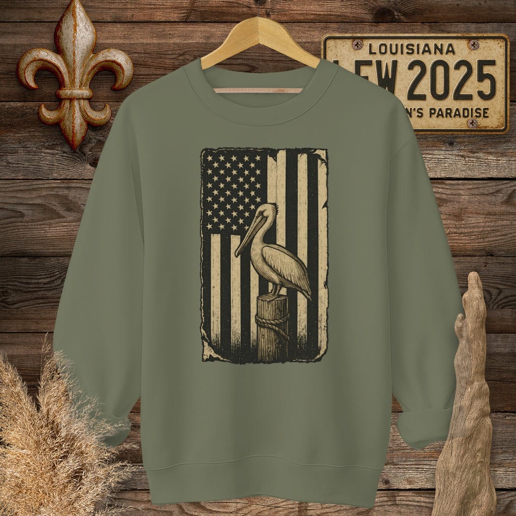 S / Military Green Louisiana Patriotic Pelican American Flag Sweatshirt by Laissez Faire Wear