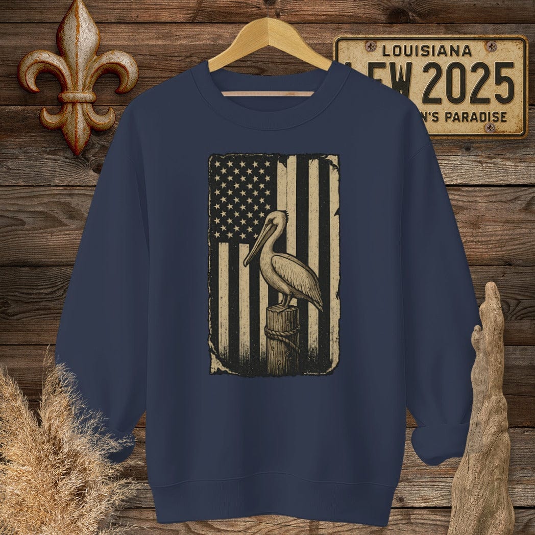 S / Navy Louisiana Patriotic Pelican American Flag Sweatshirt by Laissez Faire Wear