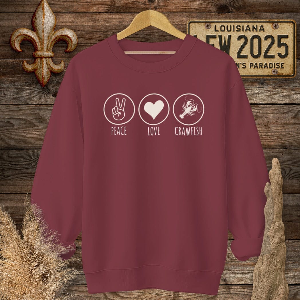 S / Garnet Louisiana Peace, Love, Crawfish Sweatshirt by Laissez Faire Wear