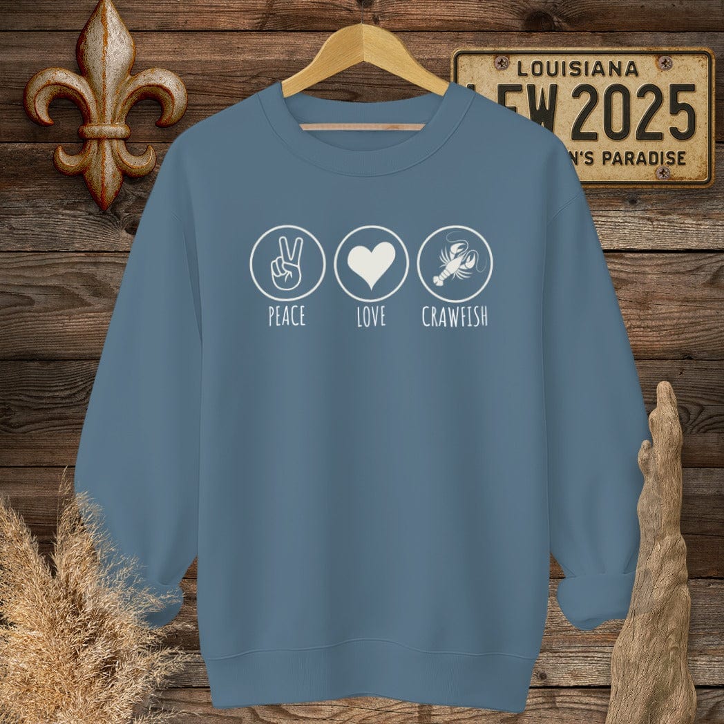 S / Indigo Blue Louisiana Peace, Love, Crawfish Sweatshirt by Laissez Faire Wear
