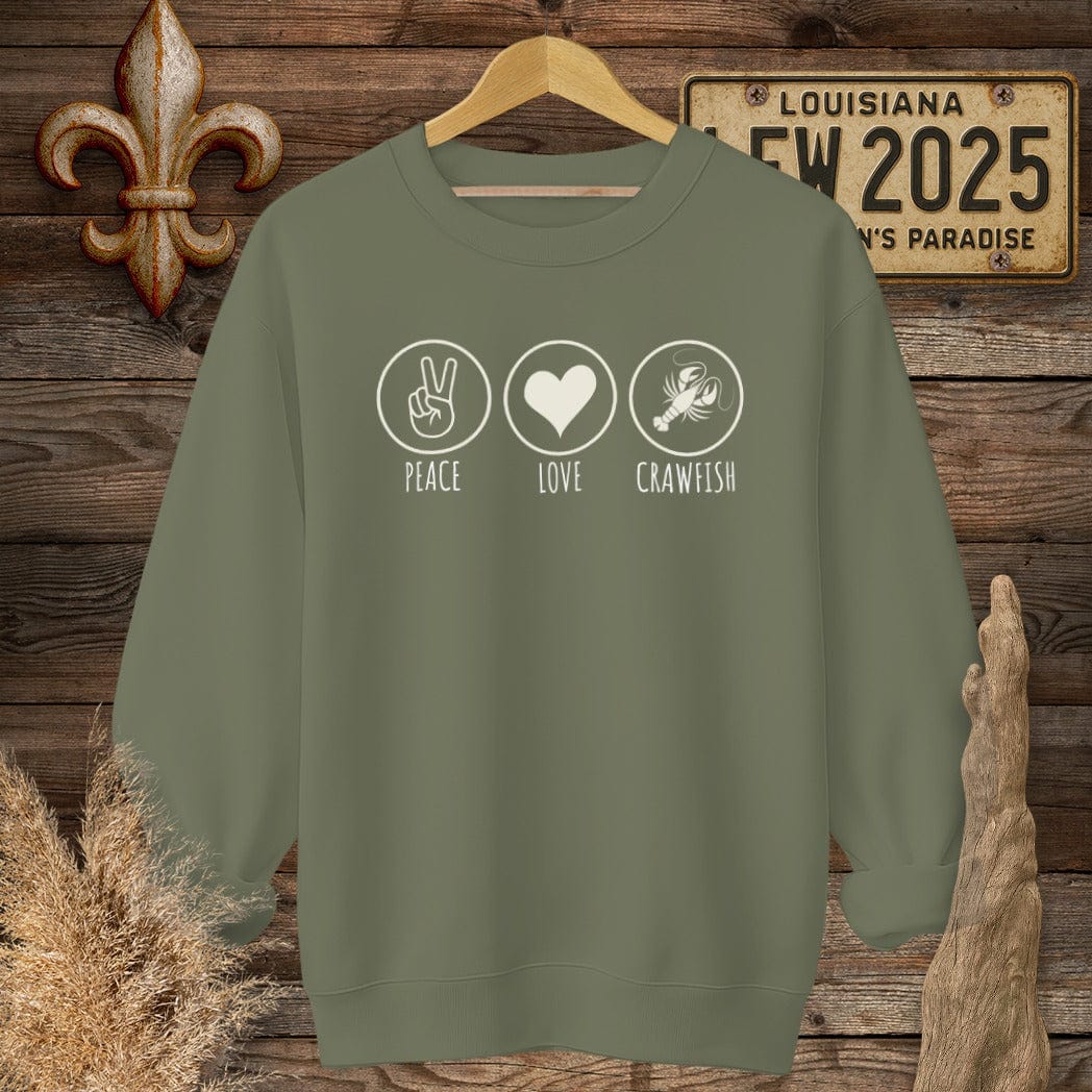 S / Military Green Louisiana Peace, Love, Crawfish Sweatshirt by Laissez Faire Wear