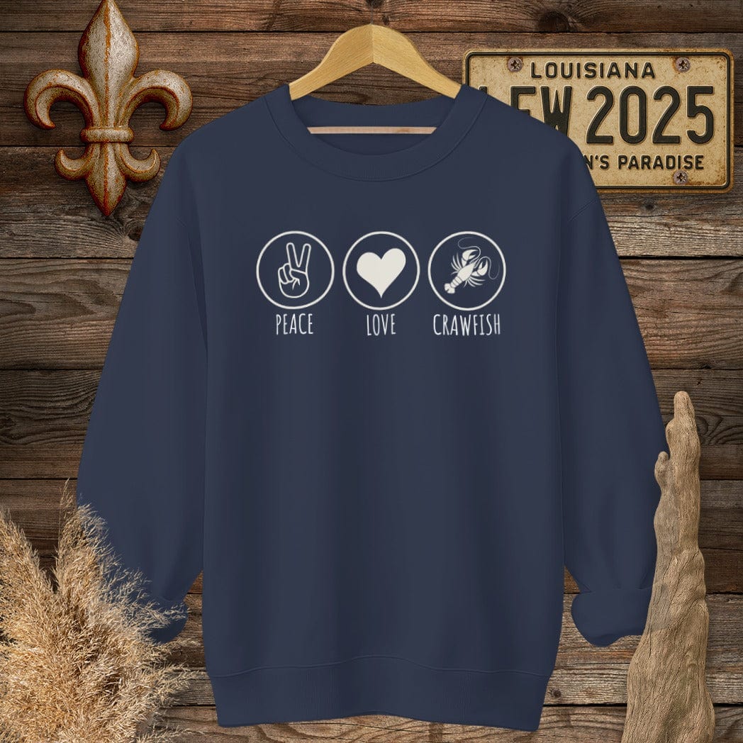 S / Navy Louisiana Peace, Love, Crawfish Sweatshirt by Laissez Faire Wear