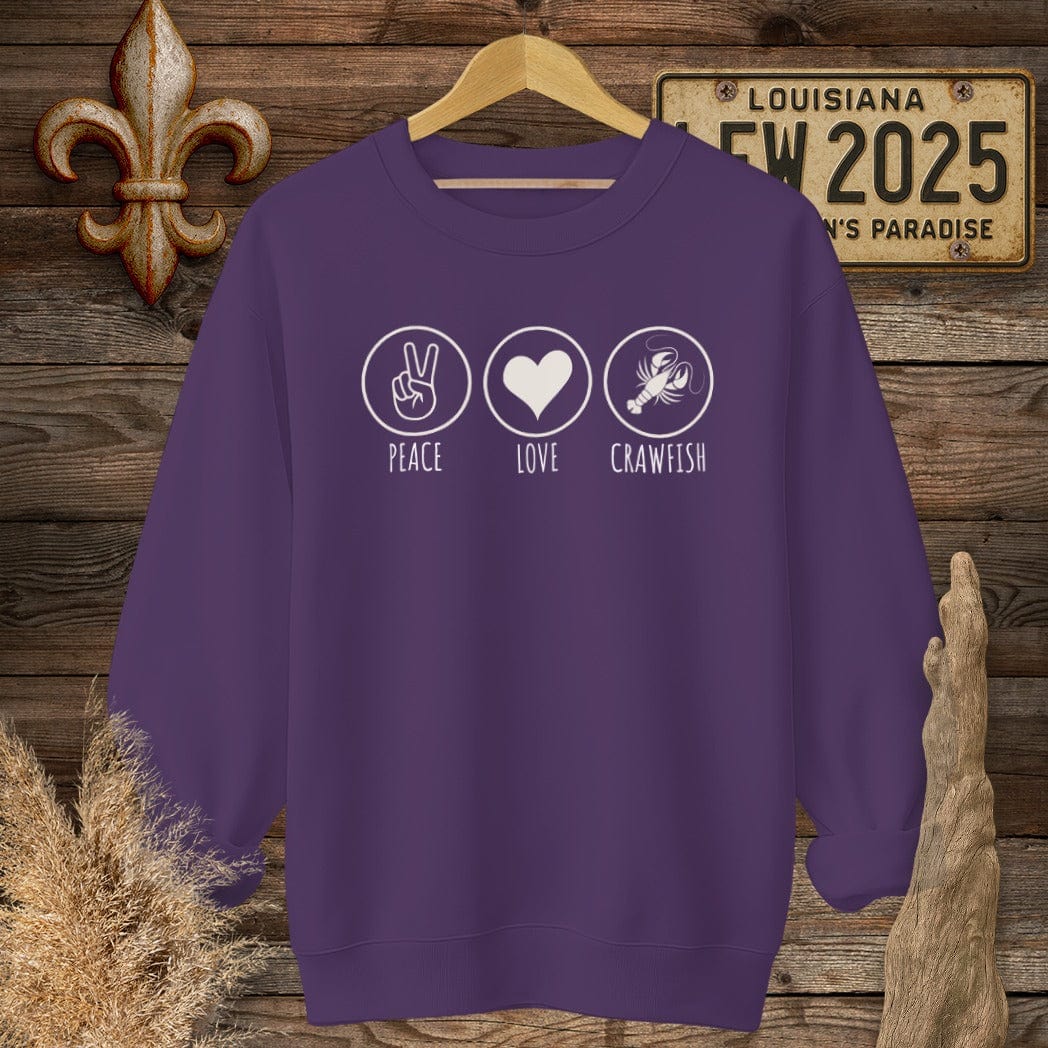 S / Purple Louisiana Peace, Love, Crawfish Sweatshirt by Laissez Faire Wear