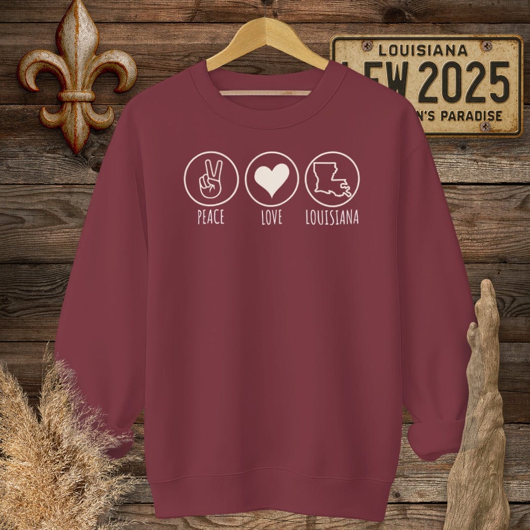 S / Garnet Louisiana Peace, Love, Louisiana Sweatshirt by Laissez Faire Wear