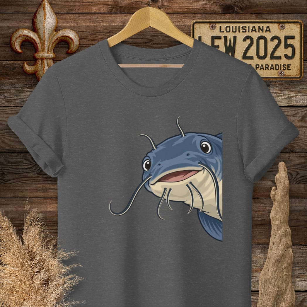 S / Dark Heather Louisiana Peeking Catfish T-Shirt by Laissez Faire Wear